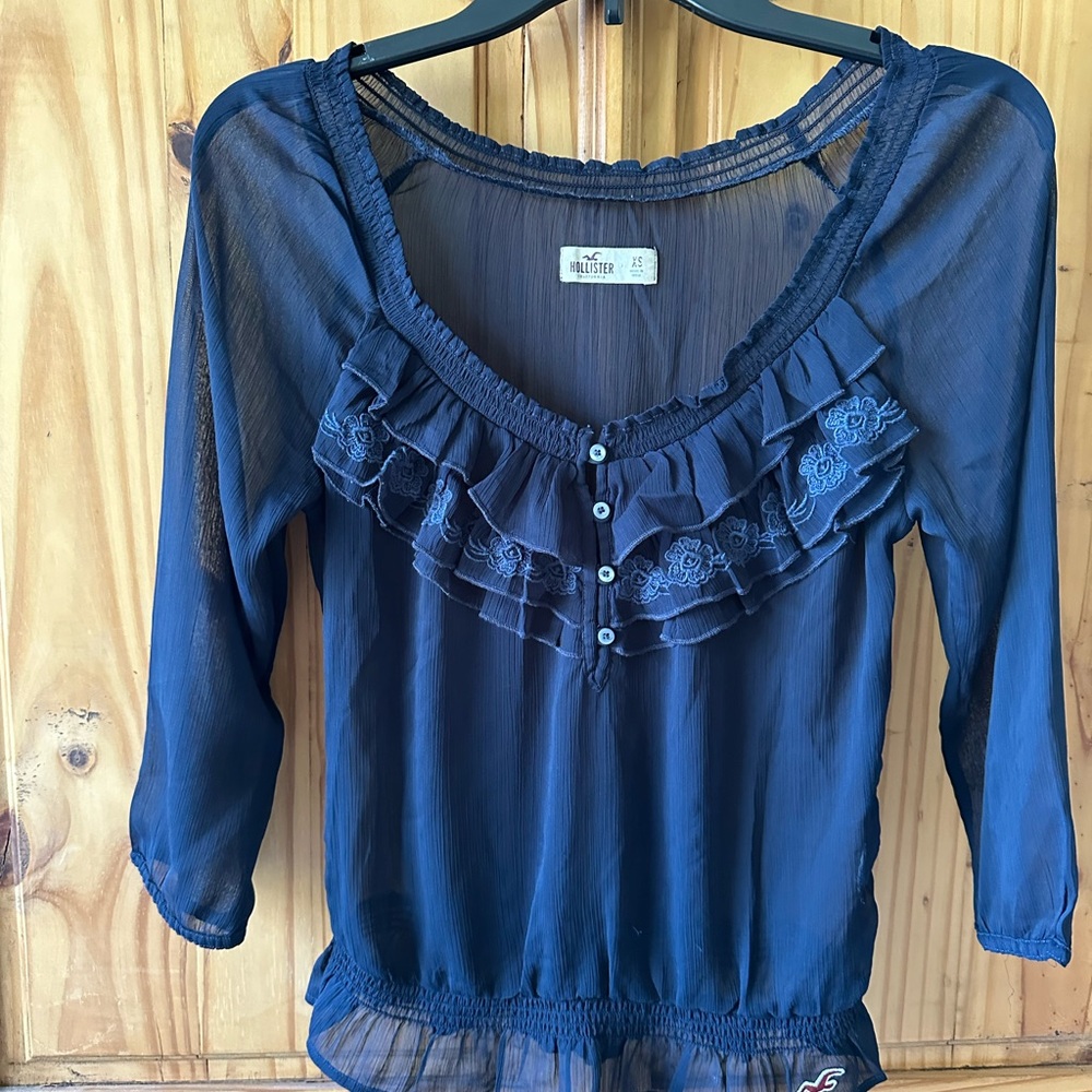 Hollister Sheer Chiffon Navy Blouse Ruffled Cropped 3/4 Sleeve Size XS